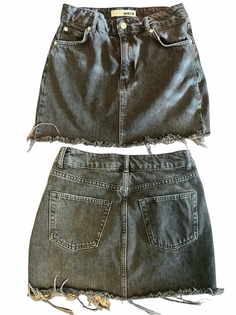 Topshop Moto Black Denim Mini Skirt Size 6 Raw Hem‎ Y2K Grunge Festival